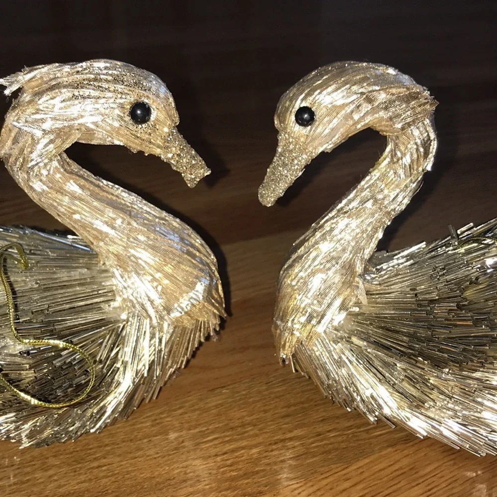 NWT Pair Anthropologie Gold Metallic Beaded Swan Ornaments